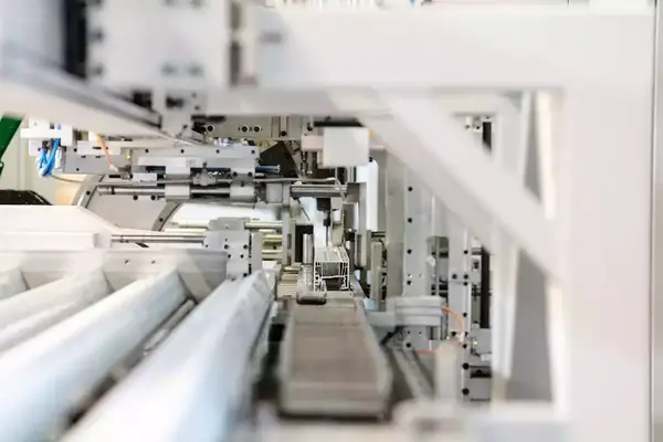 Automatisierte Fertigungsstraße mit moderner Industrie-Robotertechnik in der Produktion.